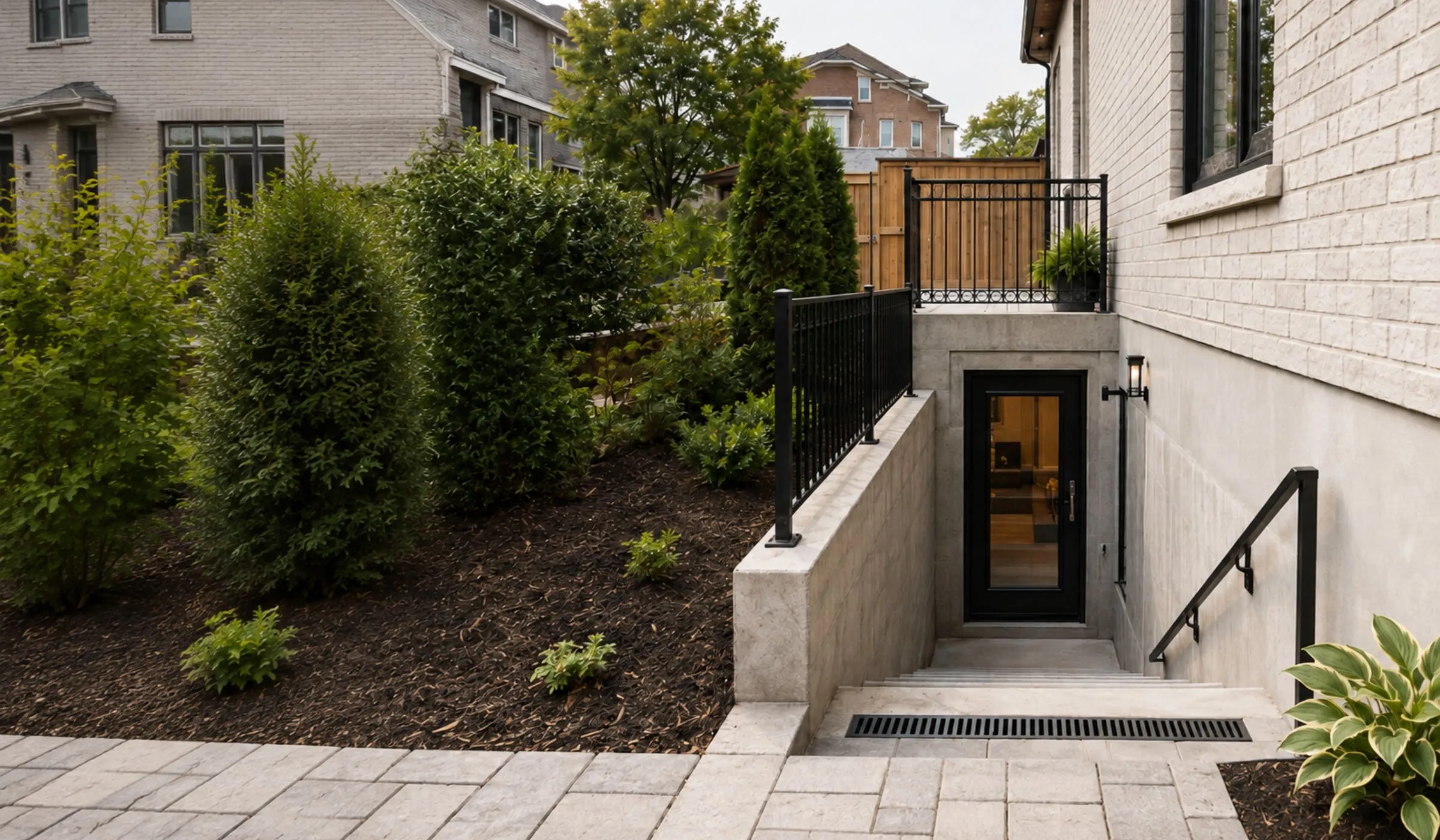 Finished basement walkout entrance with exterior stairs and a separate door beside a brick home in Toronto