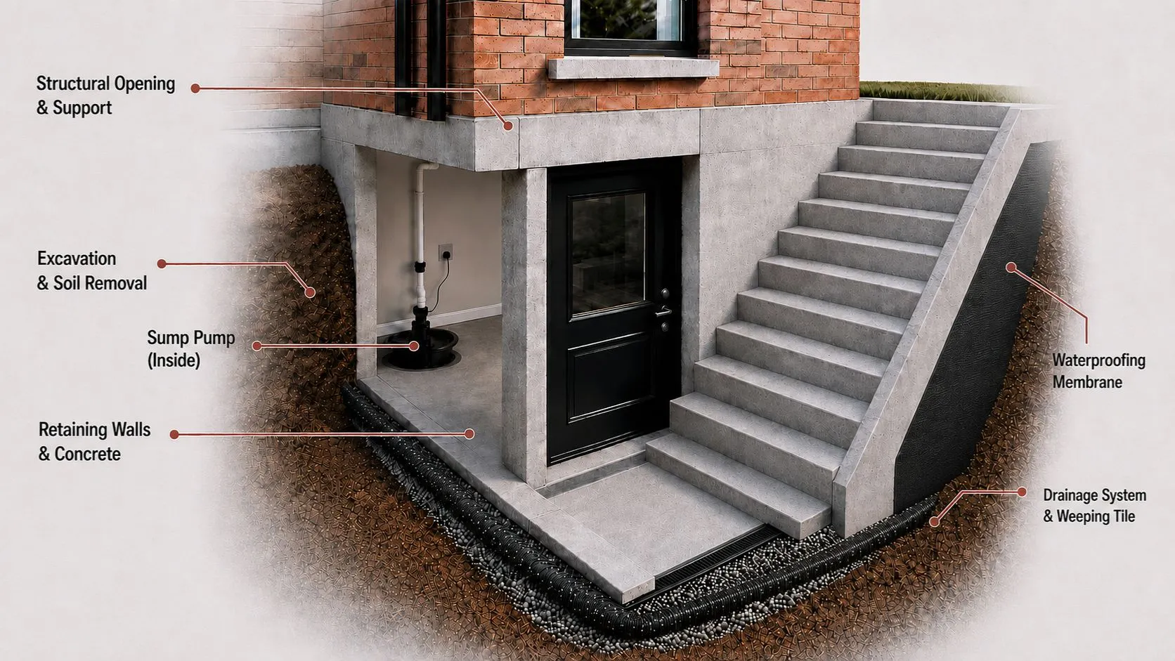 3D cutaway of a basement walkout with concrete stairs, waterproofing membrane, weeping tile and sump pump drainage