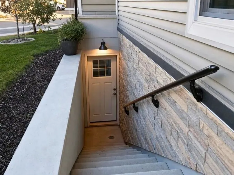 Basement walkout with concrete stairs, stone veneer wall and exterior door