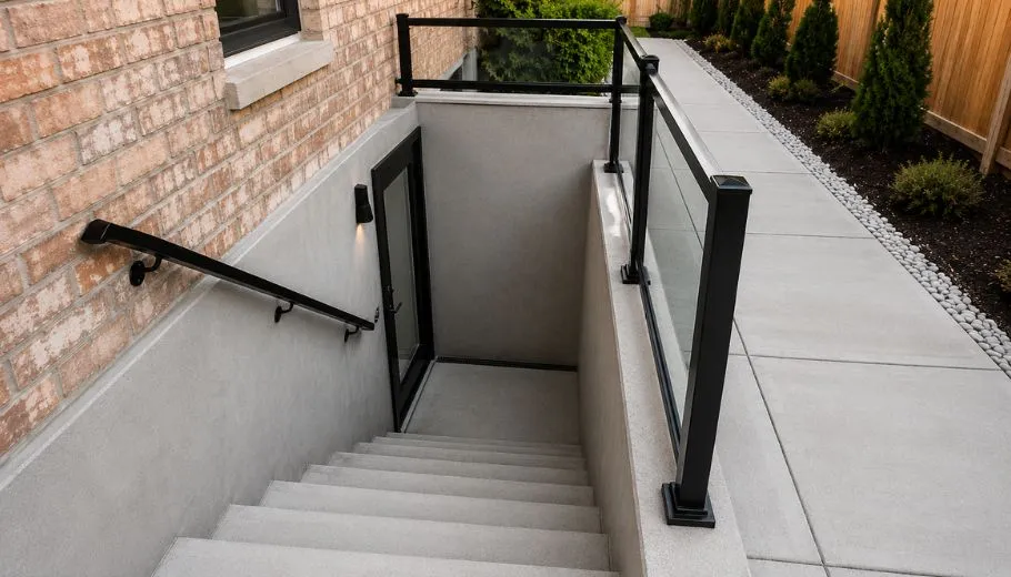 Finished basement walkout with concrete stairs, exterior door and glass railings