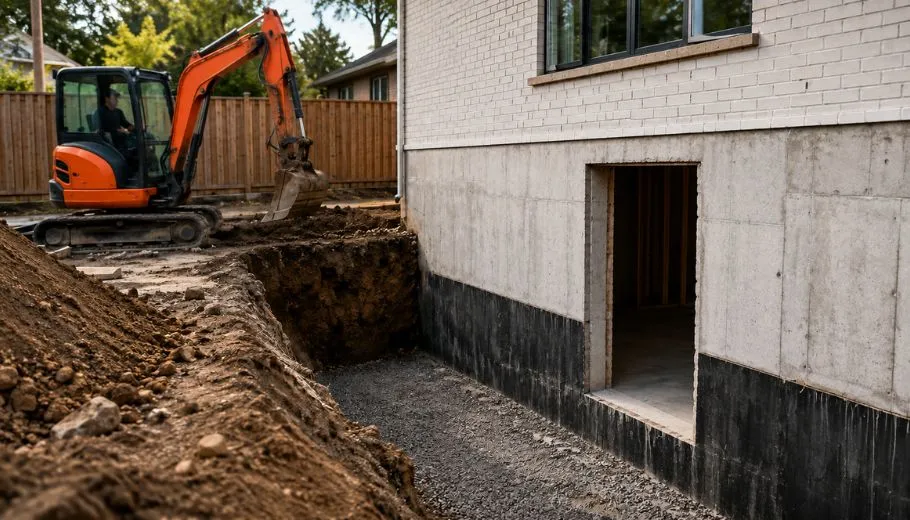 Excavation and new foundation opening for a basement walkout entrance