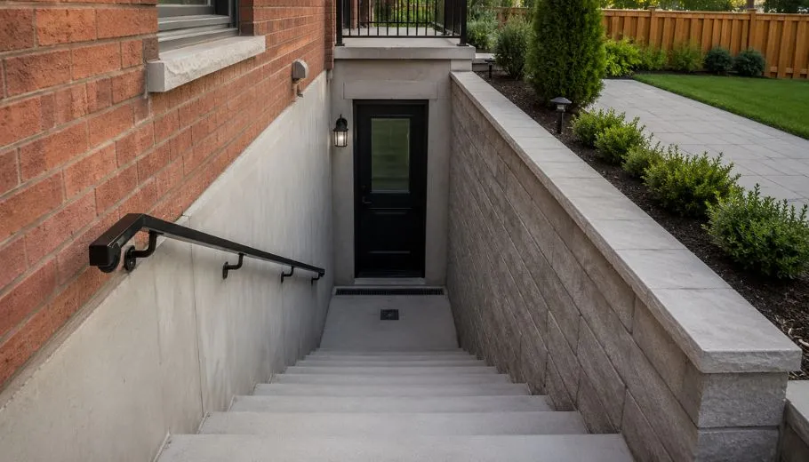 Basement walkout with concrete stairs, retaining wall and exterior door