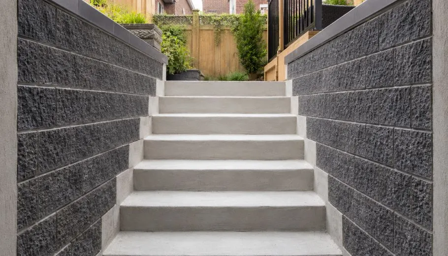 Concrete basement walkout stairs between masonry retaining walls