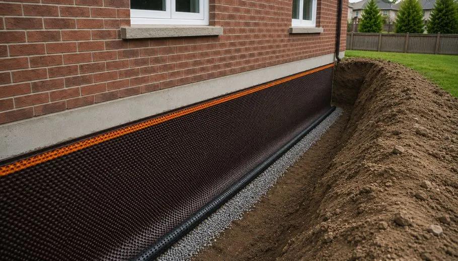Exterior foundation waterproofing membrane and drainage pipe installation
